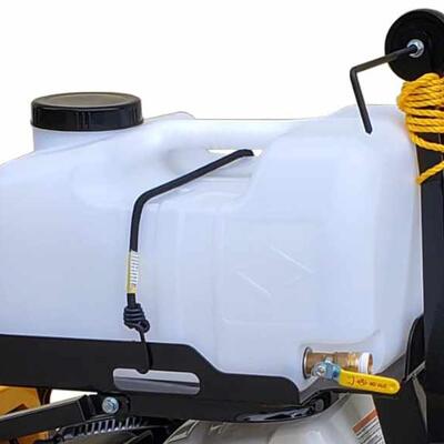 8 GALLON WATER TANK ALLOWS THE USER TO BE MOBILE FREE FROM A WATER HOSE WHILE STILL PROVIDING A CONSTANT FLOW OF WATER TO THE BLADE FOR EFFICIENT DRY CUTTING.